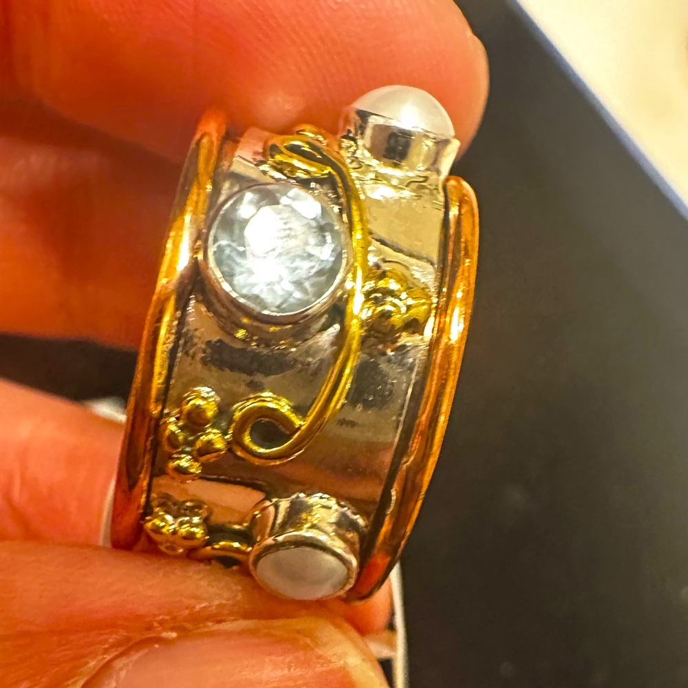 NEW Natural Gemstone Tricolor Solid 926 Sterling Silver anxiety spin ring sz 8